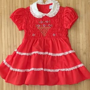Vintage Polly Flinders Smocked Red Toddler Dress, Size 3T